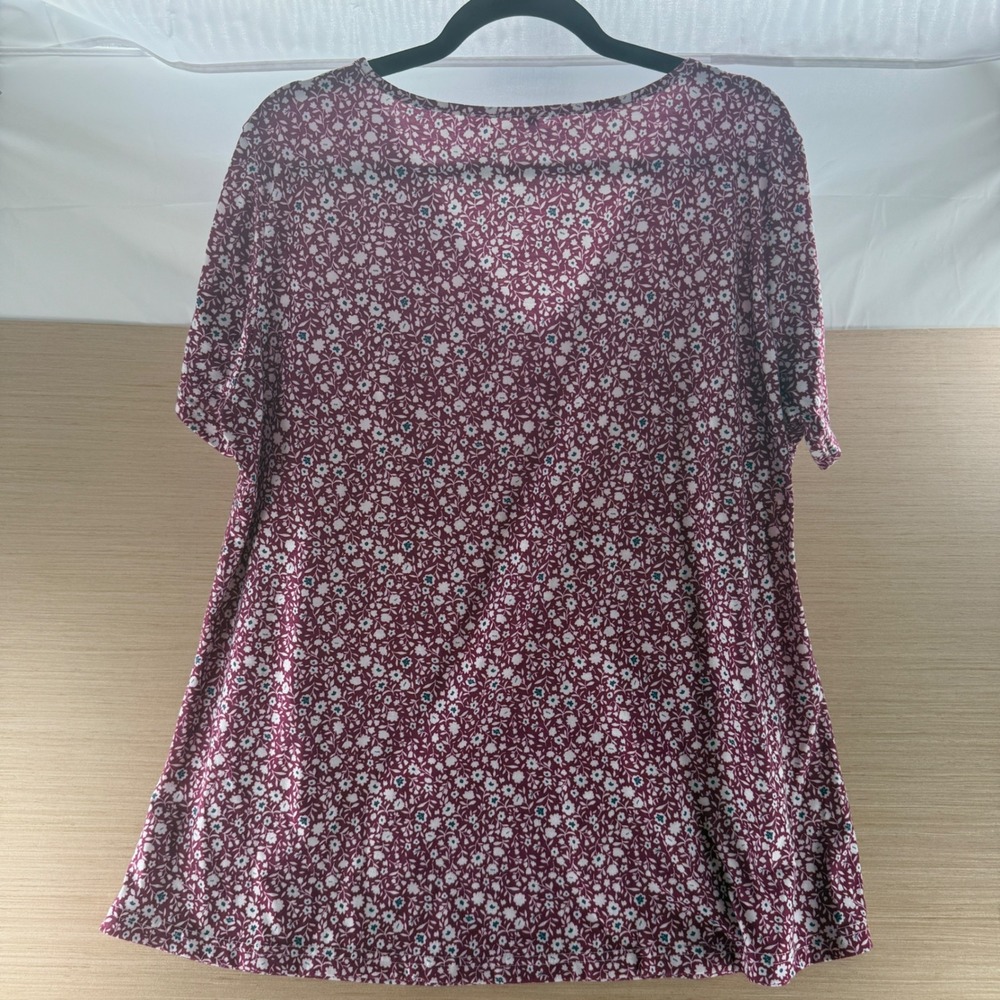 Unbranded Burgundy Ditsy Floral V-Neck Short‎ Sleeve Top XL Relaxed Fit Jersey